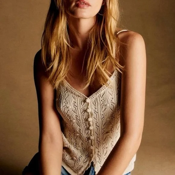 Sezane Francisco Cream Knit Crochet Cami Tank Top Size S - Picture 6 of 16